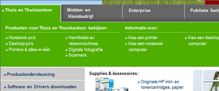Screenshot van HP homepage
