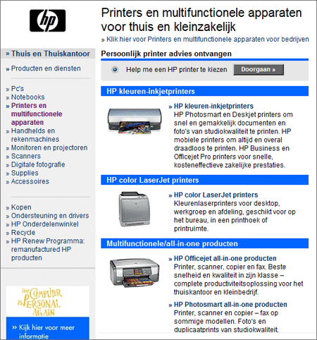 Screenshot van productcategorieën HP printers