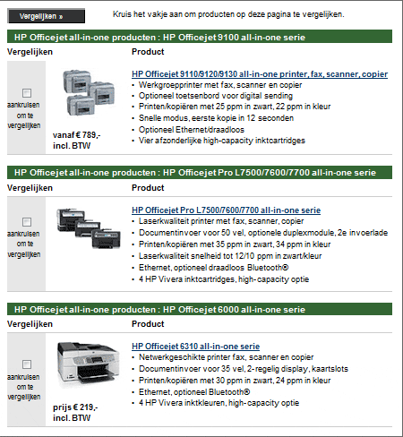 Screenshot van HP Officejet-modellen