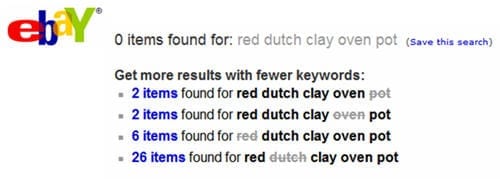 Illustratie: eBay biedt alternatieven als een zoekopdracht met meerdere woorden geen exacte resultaten oplevert 
