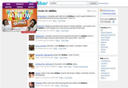De website van Skittles met alle ‘tweets' over Skittles gepresenteerd
