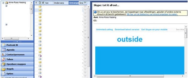 Geblokkeerde afbeeldingen zorgen ervoor dat de boodschap van de Skype mail totaal niet overkomt in het preview pane