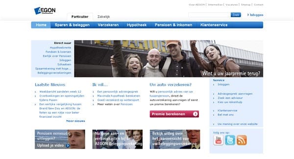 Aegon.nl toont prominent links naar hun Youtube en Twitter accounts