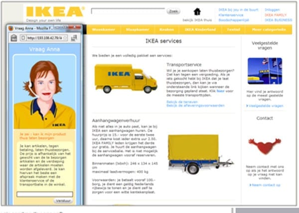 Anna, de virtuele assistent van de Ikea, geeft op elk gewenst moment ondersteuning. Als extra hulp opent ze automatisch de betreffende pagina van de website.