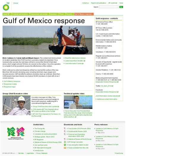 BP.com redirect bezoekers naar een alternatieve homepage die compleet in teken van de ramp staat