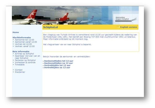 De crisis website van schiphol tijdens de vliegtuigcrash van Turkisch Airlines