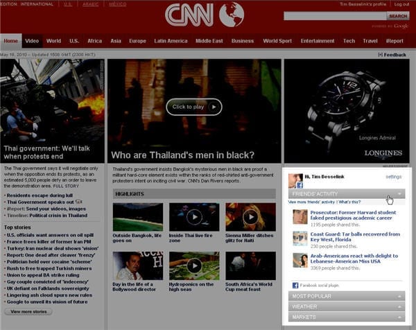 Na inloggen verschijnt op CNN.com een nieuw item (rechts) met daarin op de bezoeker afgestemde nieuwsberichten