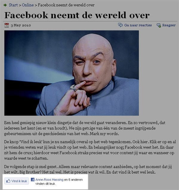 Bij het artikel op Schungel.nl is direct te zien dat Anne-Roos (mijn collega) dit artikel leuk vond, samen met nog 6 andere (onbekende) Facebook gebruikers.