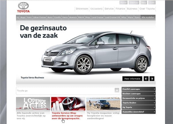 Toyota.nl biedt een prominente ingang naar een blog over de terugroepactie met alle informatie