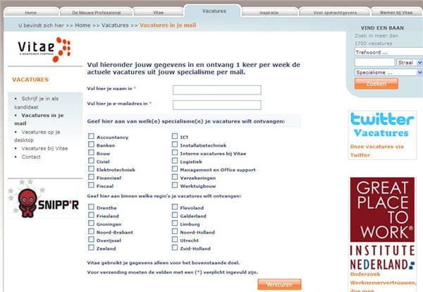 Screenshot van Vitae.nl: Gericht emailen op basis van profielen. Bron: E-mark Mail. 