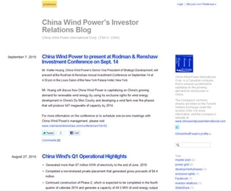 Voorbeeld van een Investor blog van het Canadese bedrijf China Wind Power