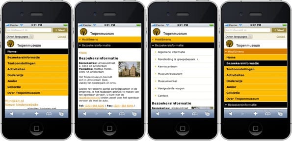 De navigatie van de website van het Tropenmuseum op een iPhone