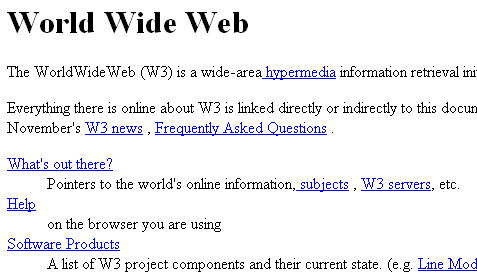 screenshot van de een van de 1e pagina's van het world wide web