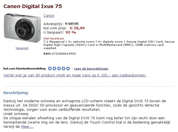Canon Digital Ixus 75 92% korting