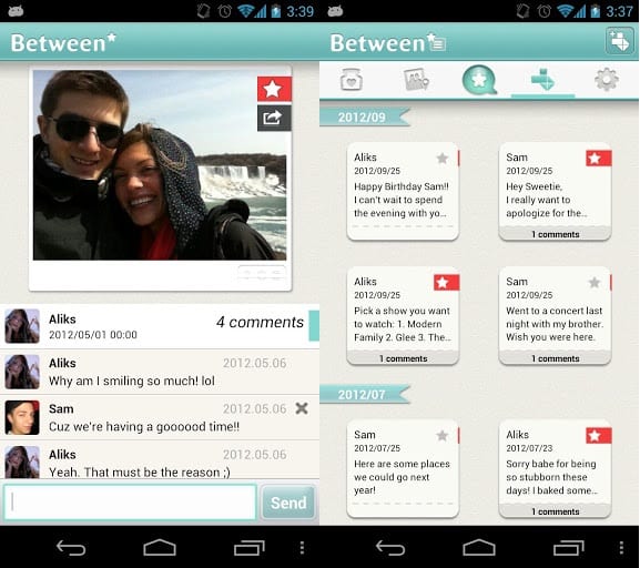 Screenshots van de Android-app Between