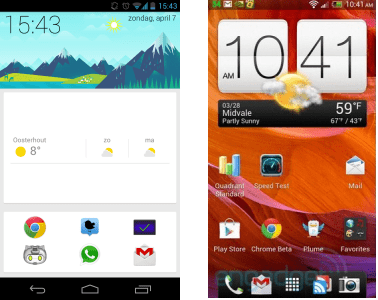 Links: SF, geinspireerd op Google Now. Rechts: Sense van HTC.