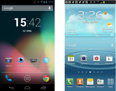 Links: de standaardlauncher van Android. Rechts: Touchwiz, de launcher van Samsung.