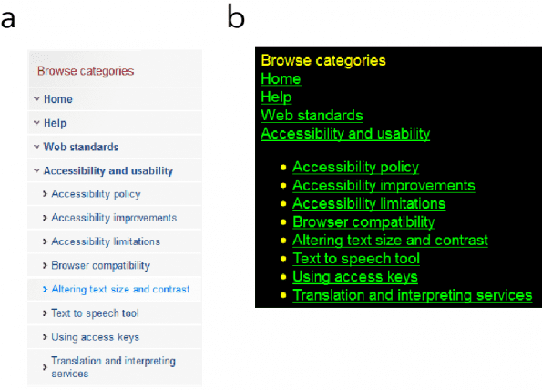 Reguliere versie van website (links) en “hoog contrast” versie van deze zelfde website (rechts).