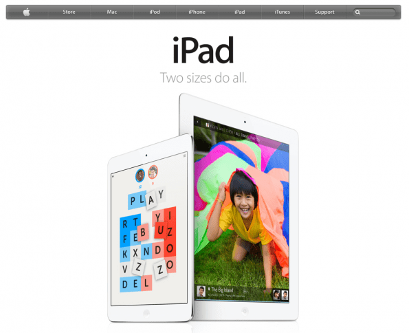 Apple homepage, waarbij optimaal gebruik wordt gemaakt van whitespace om visuele aandacht naar de iPads te sturen.