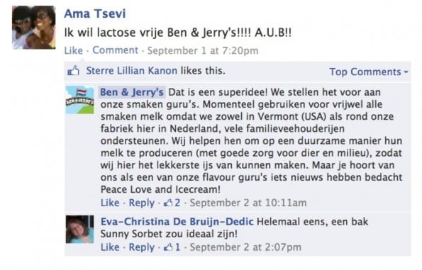 Webcare voorbeeld van Ben & Jerry's op de Nederlandse Facebookpagina