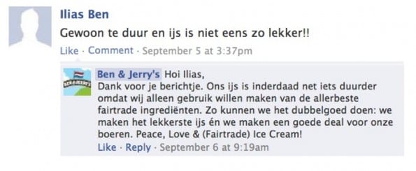 Webcare van Ben & Jerry's op de Nederlandse Facebookpagina, ook voor mensen zonder profielfoto.