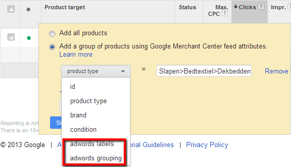 Adwords labels of Adwords grouping