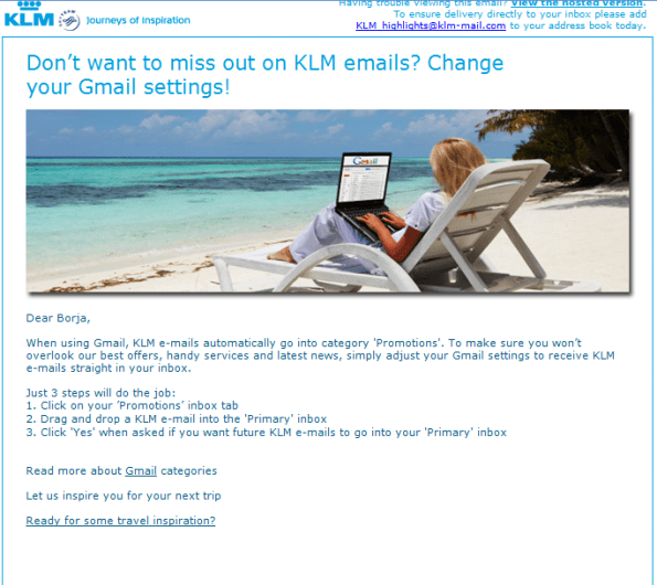Verzoek KLM naar Gmail-users
