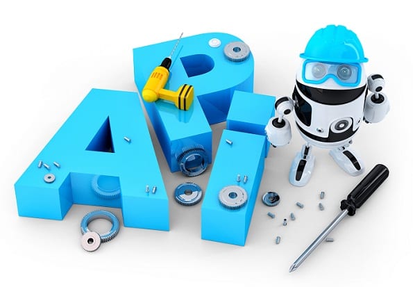 Robot with tools and application programming interface sign. Technology concept