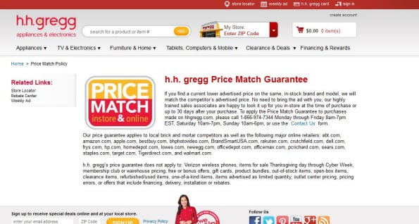 H.h.gregg biedt een Price Match Guarantee van dertig dagen