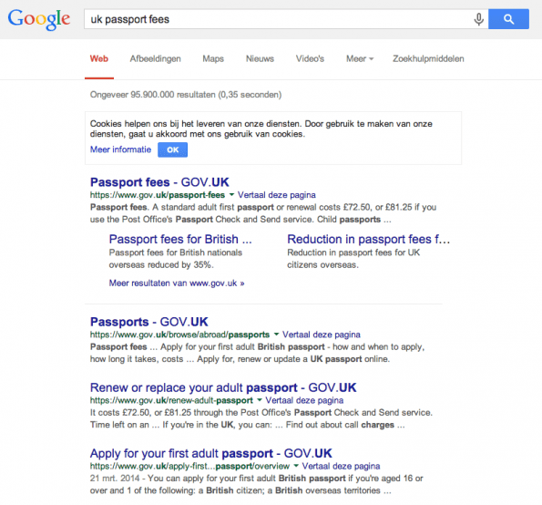 Schermafdruk van de Google-zoekresultaatpagina waarop direct de prijs van een Brits paspoort te zien is.