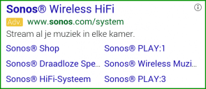 Sonos Adwords ad mobiel - 6 sitelinks