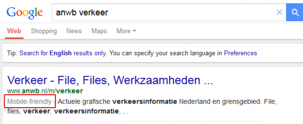 Google toont het label "mobile friendly" al bij pagina's van ANWB.nl