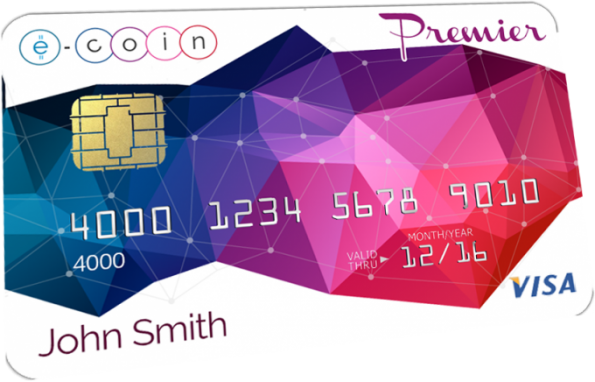 De e-coin card, een debit card die je kunt laden met Bitcoin.