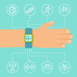 Vector fitness app and tracker on the wrist - sport illustration in flat style with linear icons
