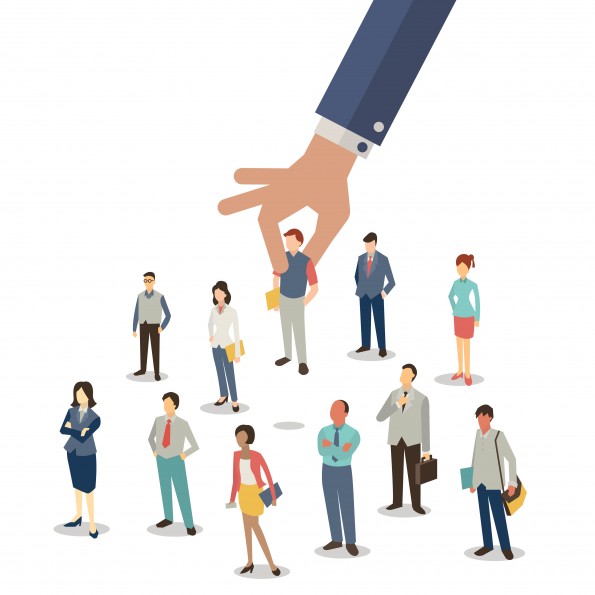 Businessman hand picking up selected man from group of businesspeople. Recruitment concept. Flat design.