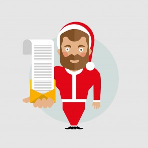Flat santa claus character hold mail email with long big wishlist