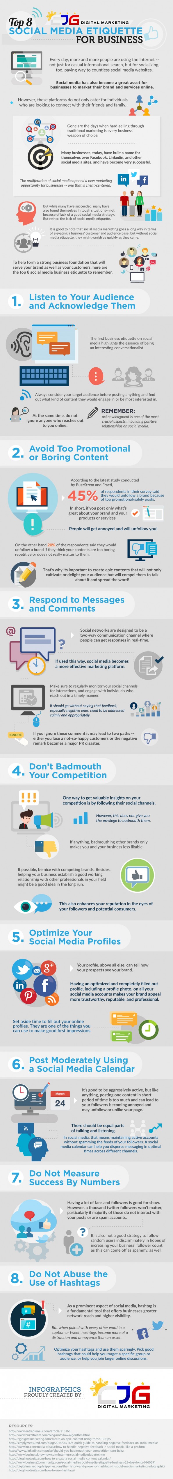 etiquette voor zakelijk social mediagebruik - 8 tips - infographic