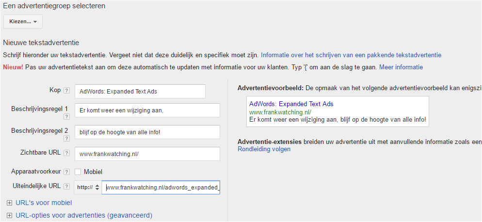 expanded Text Ads voorbeeld oude situatie Frankwatching