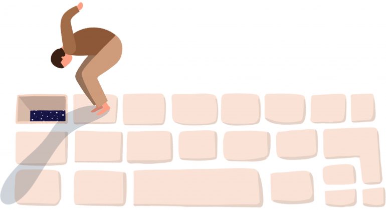 Illustratie waarin een persoon op een toetsenbord staat en via een opening bij de Escape toets probeert te ontvluchten