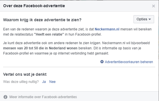 Advertenties timeline en zijbalk: Neckermann.nl target deze advertentie op mensen met de relatiestatus: Heeft een relatie.