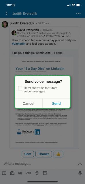 Screenshot van het opnemen van een voicemail via LinkedIn 2/2.