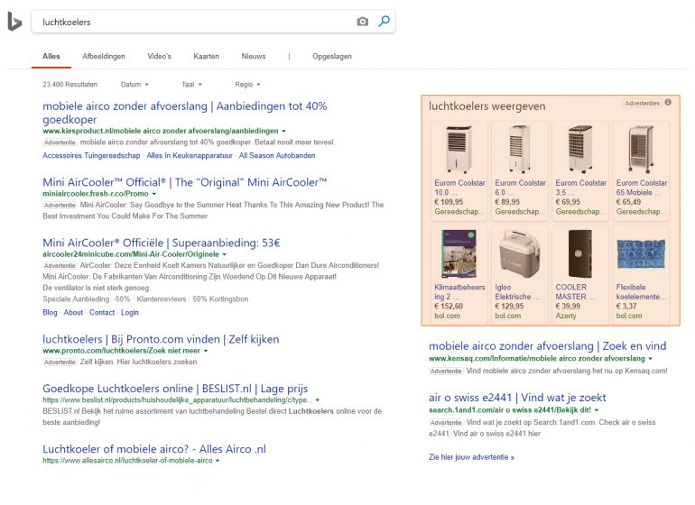 Shopping-resultaten in Bing aan de rechterkant, screenshot.