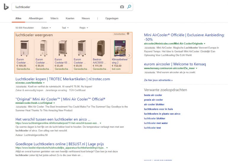 Shopping-resultaten in Bing, screenshot van de resultatenpagina.