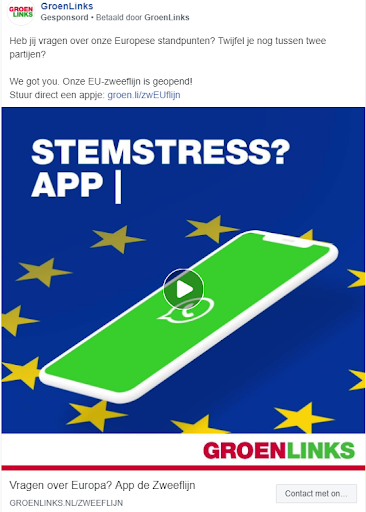 Facebook-ad van GroenLinks over Europese standpunten.