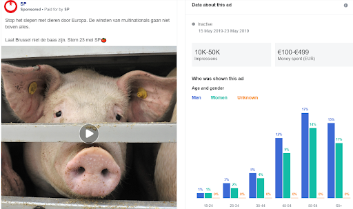 Facebook-ad over dierenvervoer door Europa van SP.