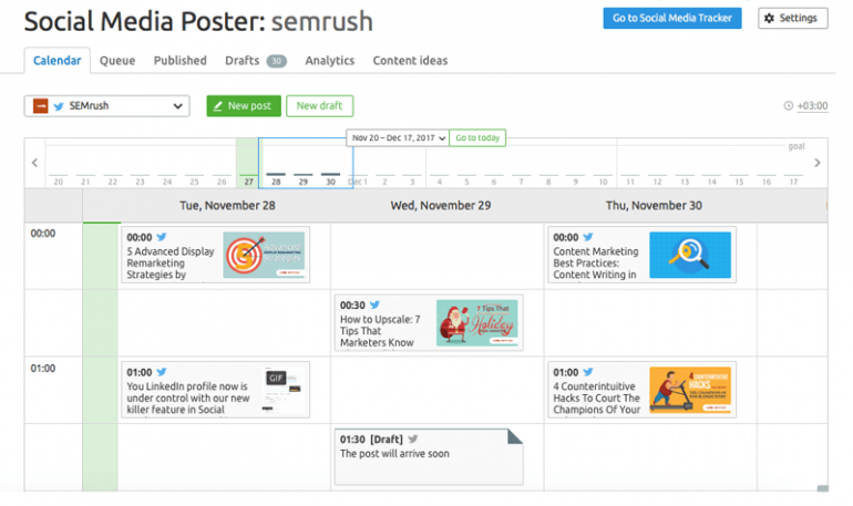 Screenshot van SEMrush, een van de tools voor het inplannen van socialmediaposts.