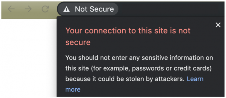 Screenshot van een website zonder SSL-certificaat.
