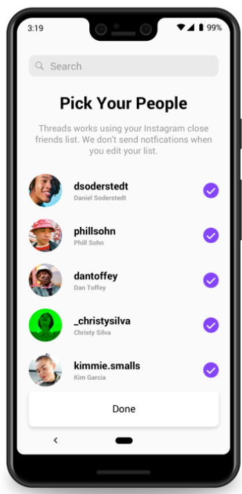 Screenshot van het maken van je vriendenlijst in de app Threads.