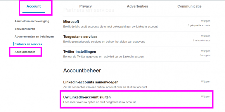LinkedIn: accountbeheer.