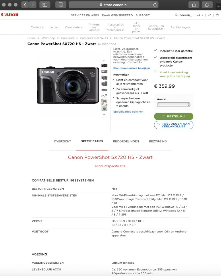 Screenshot productpagina Canon.